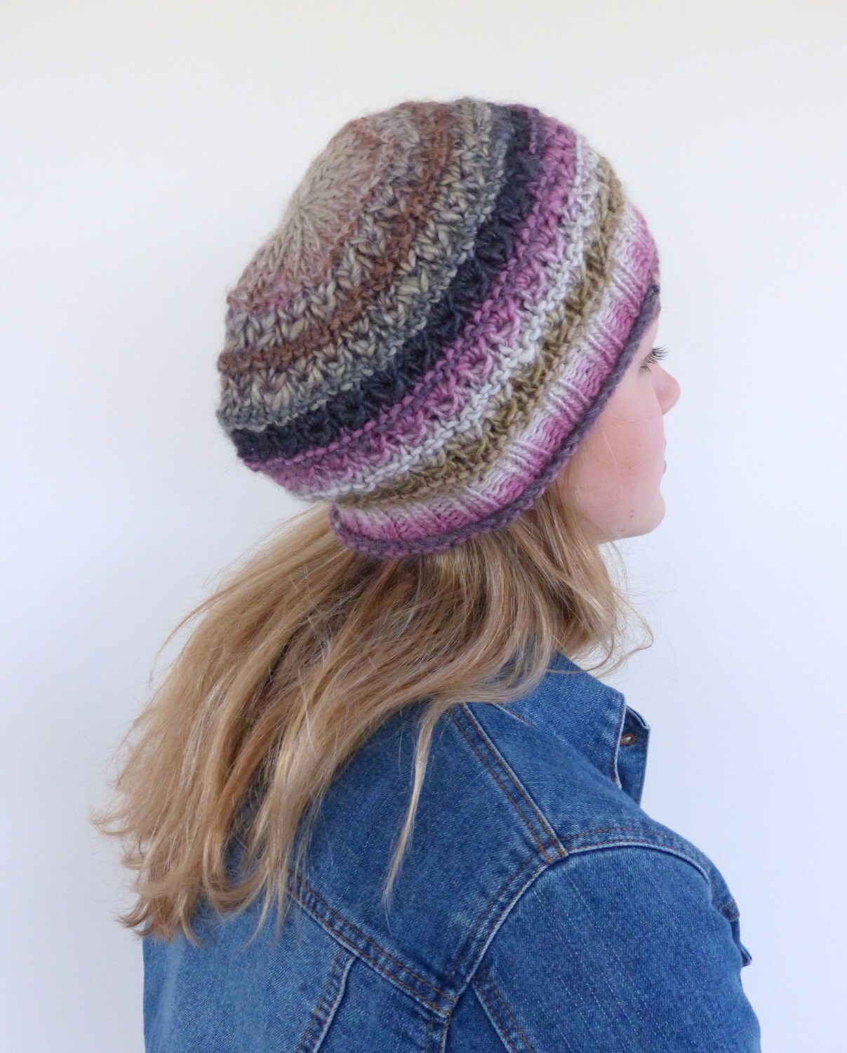 Pink and black Hand Knit Hat pink Beanie Womens winter hat