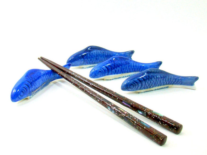 Blue Ceramic Fish Chopstick Rests Set of 4 Hand by MagnoliasAttic