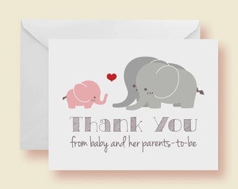 Set of 10 - Pink Elephant With Family Baby Shower Thank-You Cards