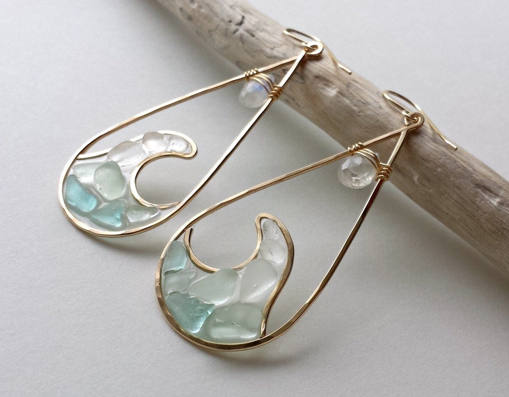 Wave Hoop Earrings Sea Glass Hoops Beach Glass Earrings