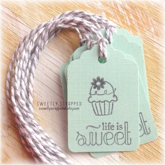 LIFE IS SWEET Cupcake Tags ... Aqua Blue and Grey