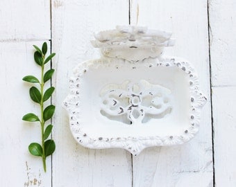 White Business Card Holder-Soap Dish-Bathroom Office Decor-Victorian Nautical Shabby Chic-Malibu Cottage Home-Crispy White