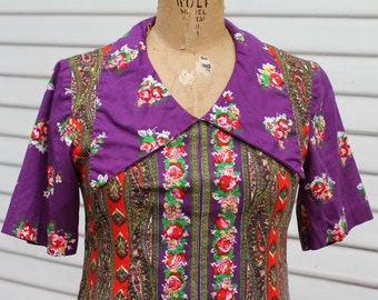 Unique 70's Ethnic Maxi Kaftan, Shirt Dress, Oversize Collar, Purple and Red Floral Paisley Prints, Short Sleeves, Kaftan, Small, Medium