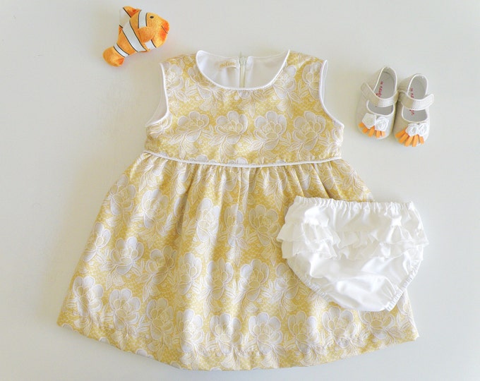 Little Girl Gold Floral Dress, Baby Cotton Silk Dress and ruffles diaper cover, Baby Sleeves Summer Dress