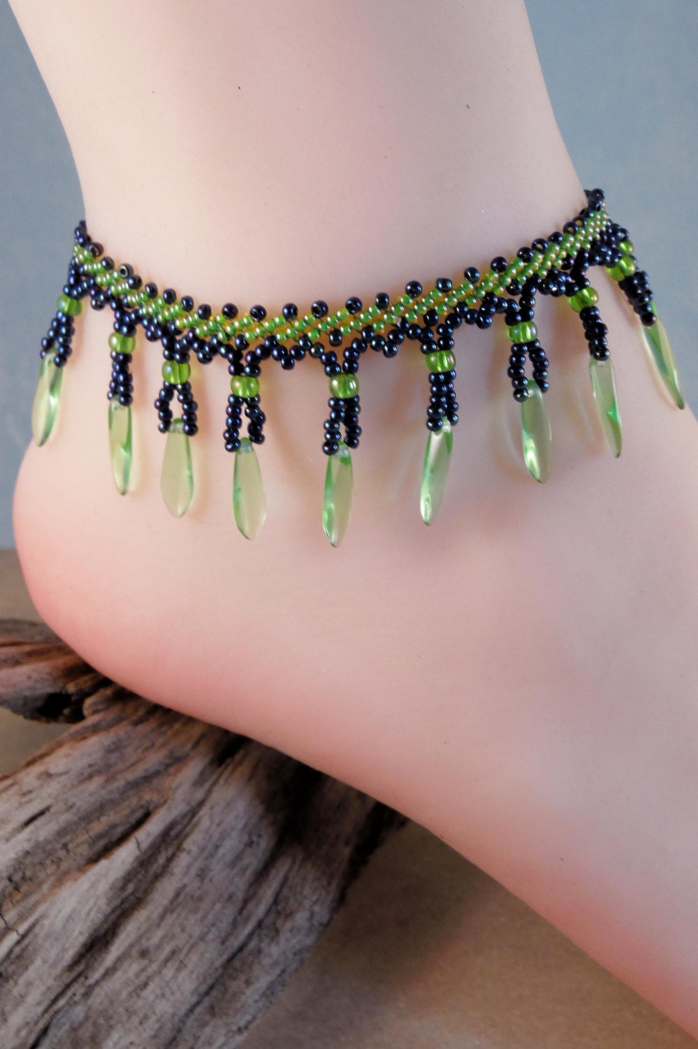 10 Inch Green & Blue Anklet Seed Bead Anklet Fringe