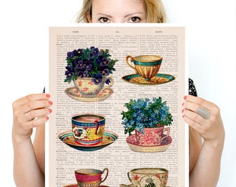 Vintage tea cups collection poster, Tea cup art, Kitchen art, art, Wall art Kitchen wall art, TVH230PA3