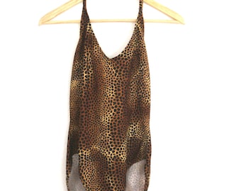 1980s Leopard Print Swimsuit Catalina Low Back Halter One Piece Full Piece Womens Vintage Large