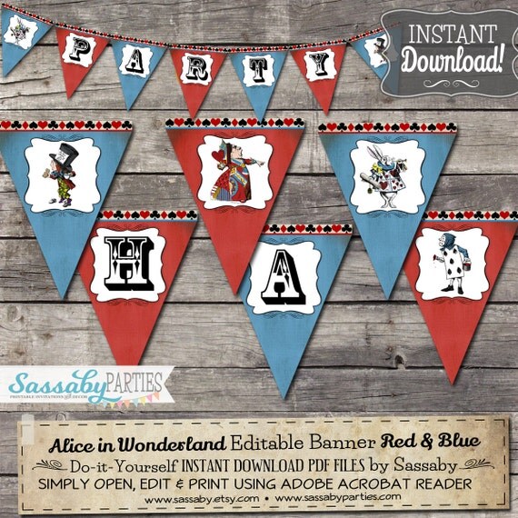 Alice in Wonderland Party Banner - INSTANT DOWNLOAD - Editable & Printable Birthday Decorations, Decor, Bunting by Sassaby Parties Il_570xn