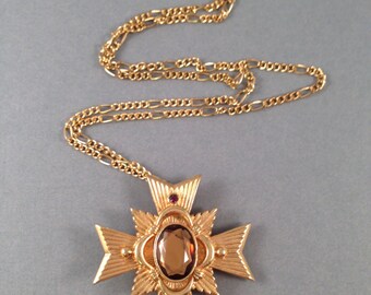 Vintage Gold Avon Brooch or Pendant with Topaz Stone 1 and 5/8 Inches Long on Gold 20.75 Inch Chain Previously 20 Dollars ON SALE (D)