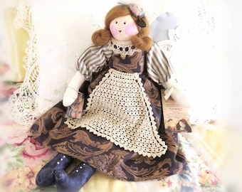 OOAK Art Doll Cloth Doll SOPHIE 17" Navy with Vintage Crochet,Soft Sculpture Handmade Handcrafted CharlotteStyle SIGNED