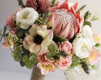 Melba - Bride's bouquet. Australian natives and cottage flowers. Protea, banksia, gum, roses, anemones, wildflowers & wild pepper berries.