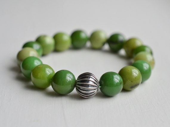 10mm Chrysoprase Bracelet, Gemstone Bracelet, Green Beaded Bracelet, Womens Mens Bracelet, Sterling Silver Bracelet, Luxury Gifts