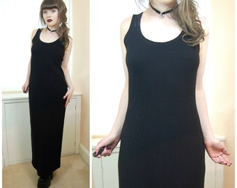 SALE 80s 90s Grunge Goth Black Minimal Scoop Neck Sleeveless Stretchy Column Tank Maxi Dress S / M
