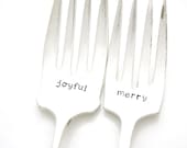 Joyful and Merry meat fork set. Vintage serving utensil for Christmas table decor. Holiday server.
