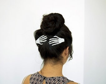 2 Skeleton Hand Hair Clips - Set of Two. LEFT HANDS - Alligator Clips with Teeth