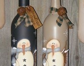Primitive Snowman Decor-Handpainted Snowman Wine Bottle-Winter Decor