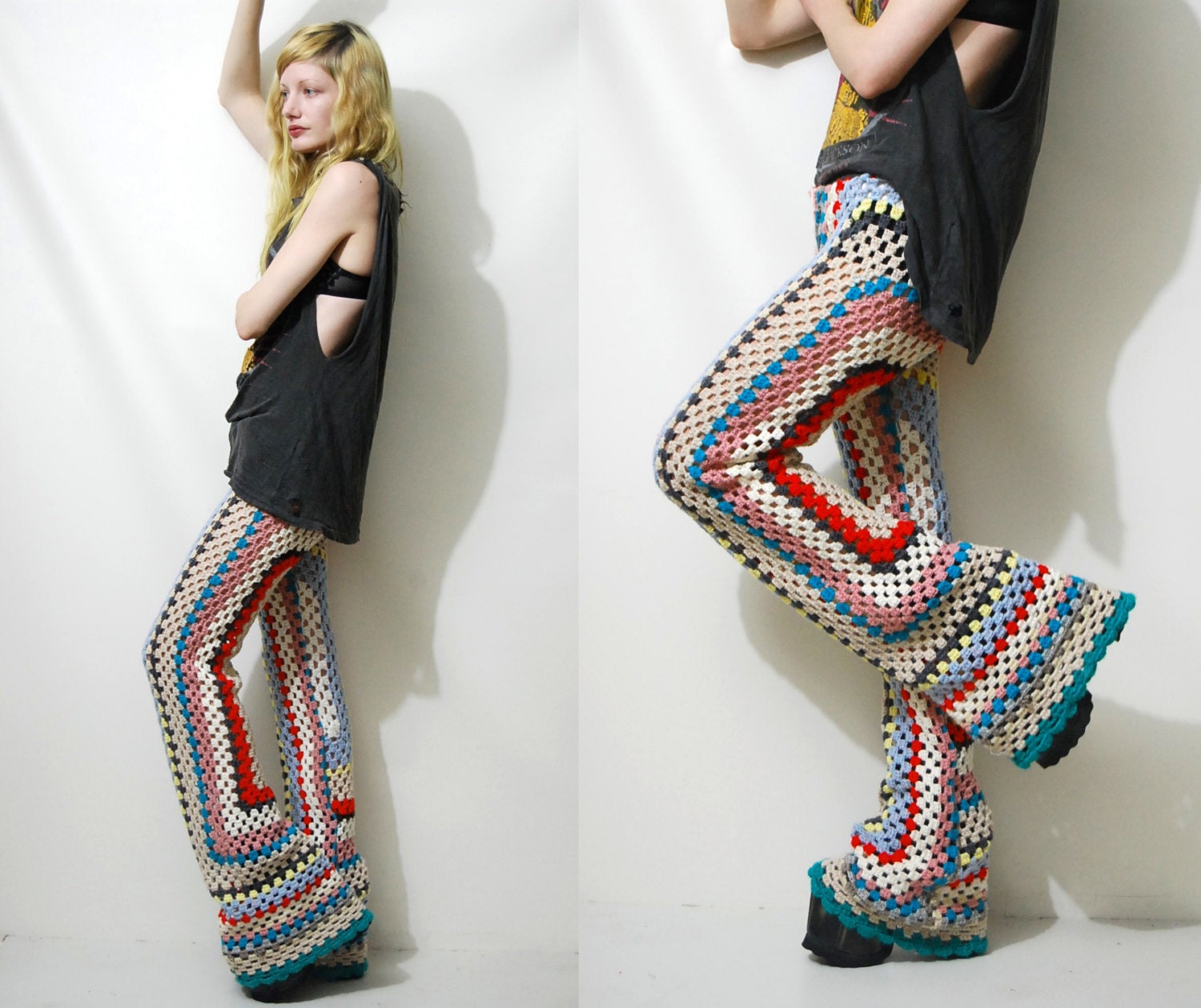 CROCHET Granny Square Pants FLARES Bells Rainbow 70s Vintage