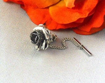 Silver Flower Rose Tie Tack, Small Vintage Inspired, Romantic Floral Tie Pin