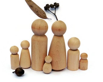 Wooden peg dolls - 7 peg dolls - blank unfinished raw natural - A family of 6 with a new addition- pet or baby! Waldorf craft peg people DIY