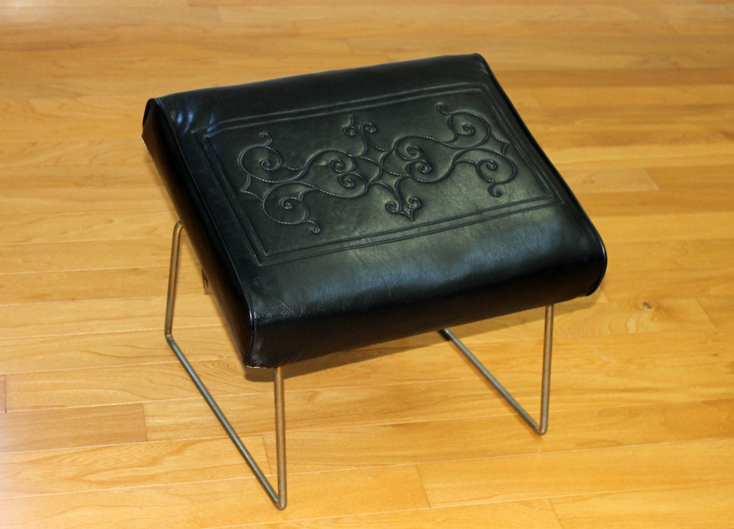 Mid Century Adjustable Black Patterned Vinyl Footstool, Ottoman