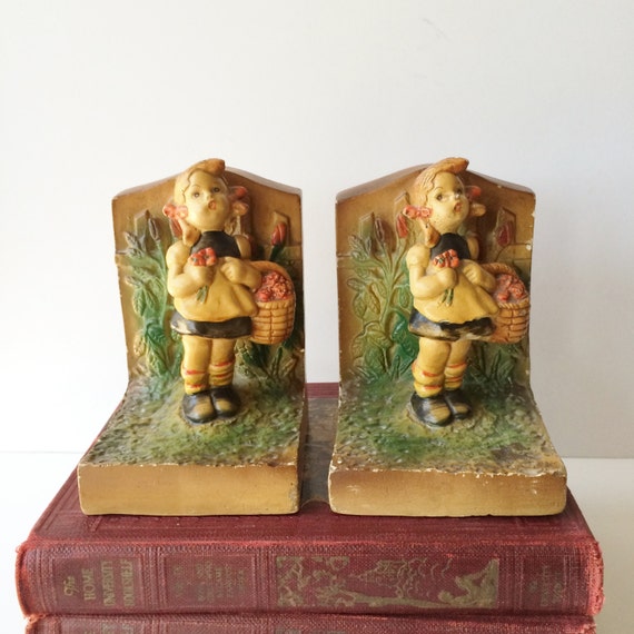 Vintage Chalkware Bookends Hummel Style Girl by AlegriaCollection
