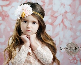 Pink Gold Baby Headband Newborn Headband Toddler Headband Baby Bow Flower Headband Baby Headpiece Baby Girl Head band Hairbow Hair Bow
