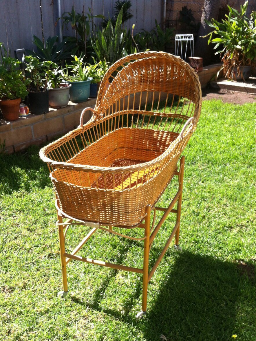 Vintage Wicker Baby Bassinet w/stand and wheels by PortOfBerenike