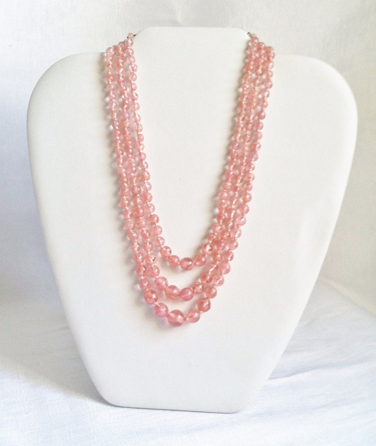 Vintage Pink Speckled Glass Bead Triple Strand Knotted