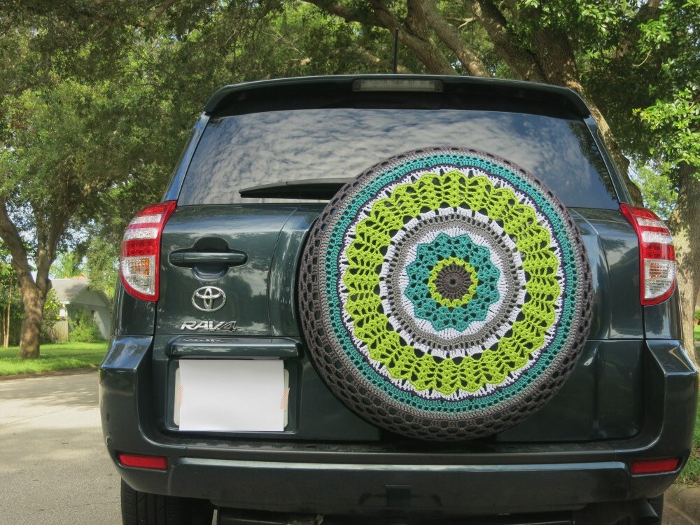 Lime Teal and Charcoal Crocheted Spare Tire Cover