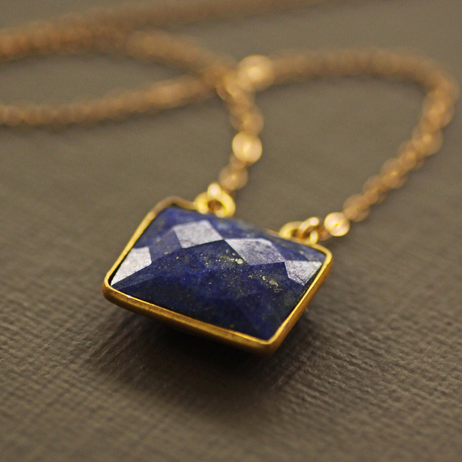 Lapis Lazuli Necklace Rectangle Lapiz Pendant 14K Gold