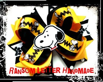Snoopy Hair Bow Yellow and Black Dog Ribbon Girls Birthday Party Halloween Costume Charlie Brown Shirt Movie Feltie Dress