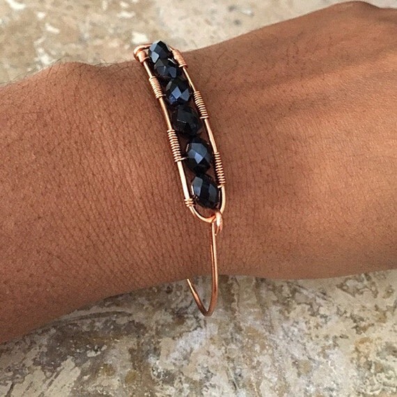 Items similar to Copper Crystal Bangle, Bar Bracelet, Black Crystal