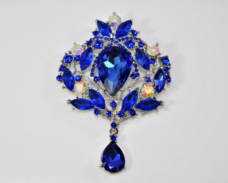 Rhinestone Royal Blue Brooch Blue Wedding Brooch Pin Sapphire