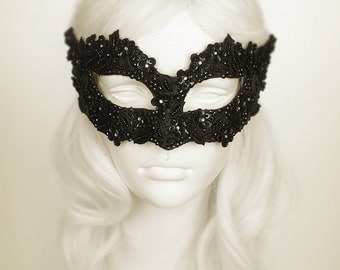 Sequined Black Masquerade Mask With Rhinestones And Embroidery - Embellished Venetian Style Black Masquerade Ball Mask