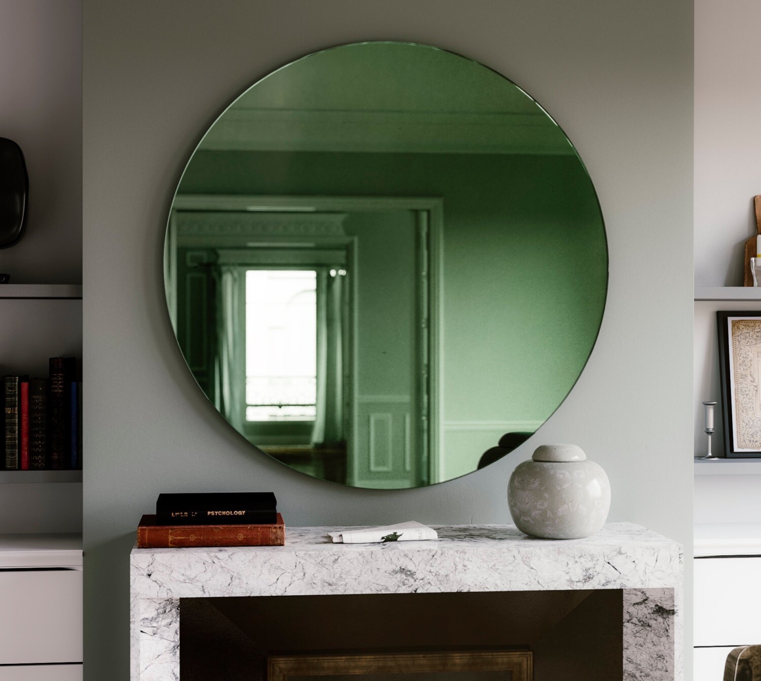 Green Deco mirror. 27 diameter round Art Deco Inspired