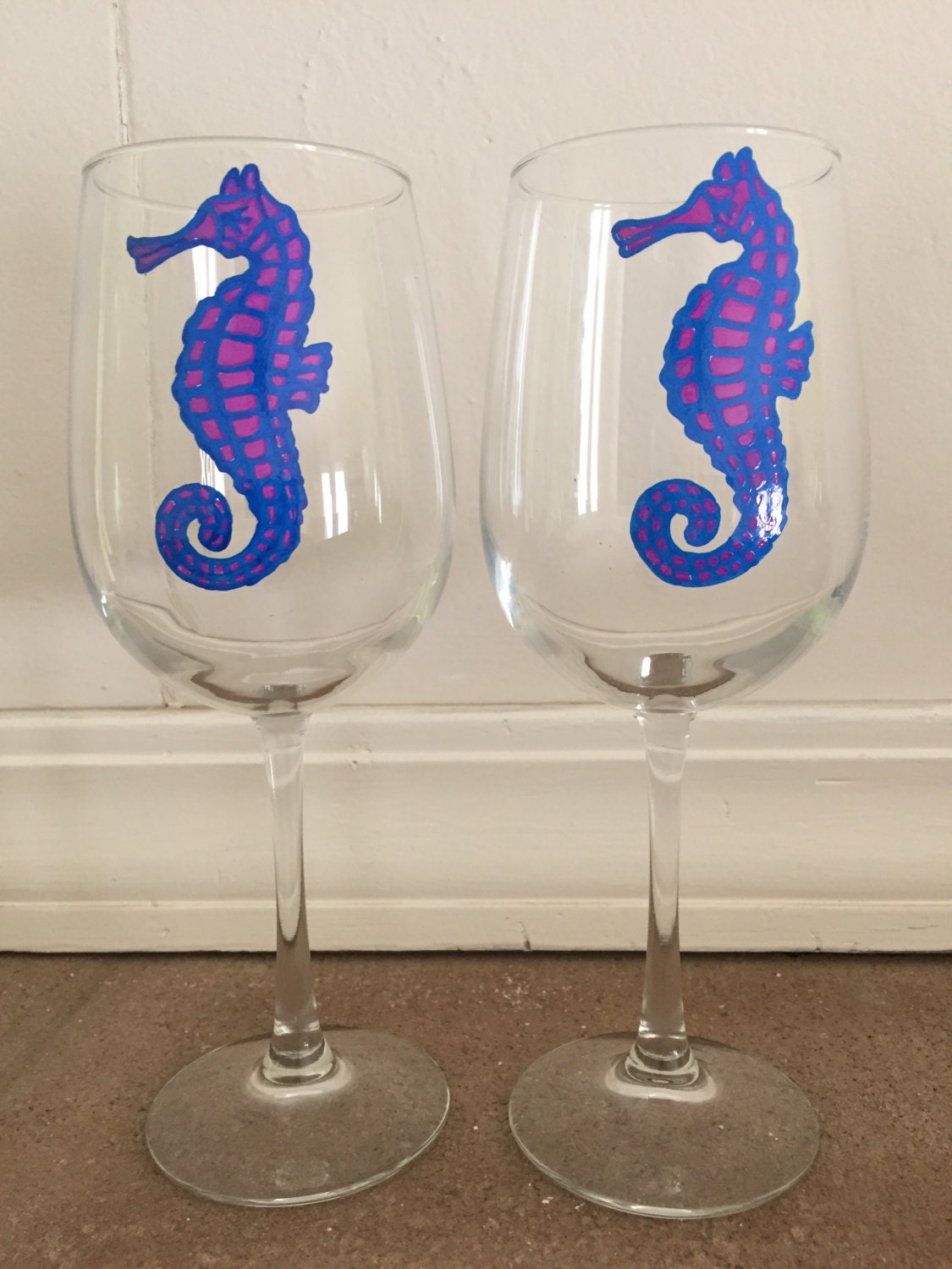 Hand Painted Seahorse Wine Glass set of 2