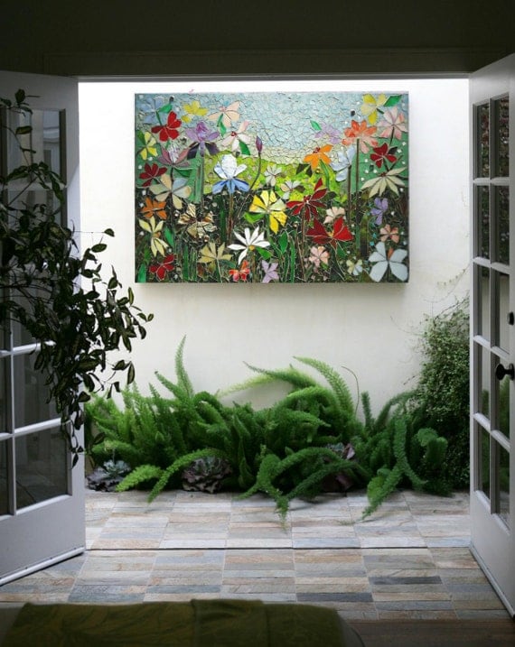 Sticker mosaïque vitrail décor floral jardin par paradisemosaics