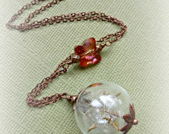 Dandelion necklace with crystal butterfly , Nature inspred terrarium gift for best friend , Botanical copper pendant , Bridesmaid necklace