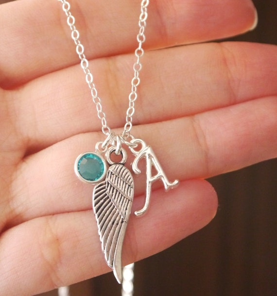 half wing angle necklace with ball and birthstone