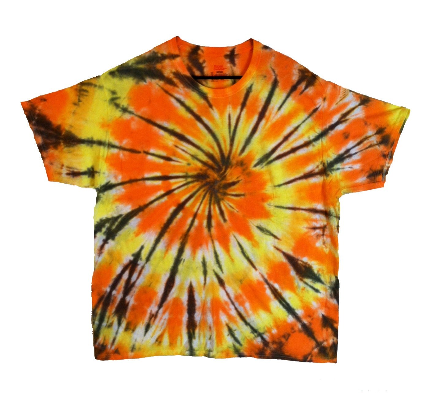 Tie Dye Shirt Yellow and Orange Spiral with Black Stripes
