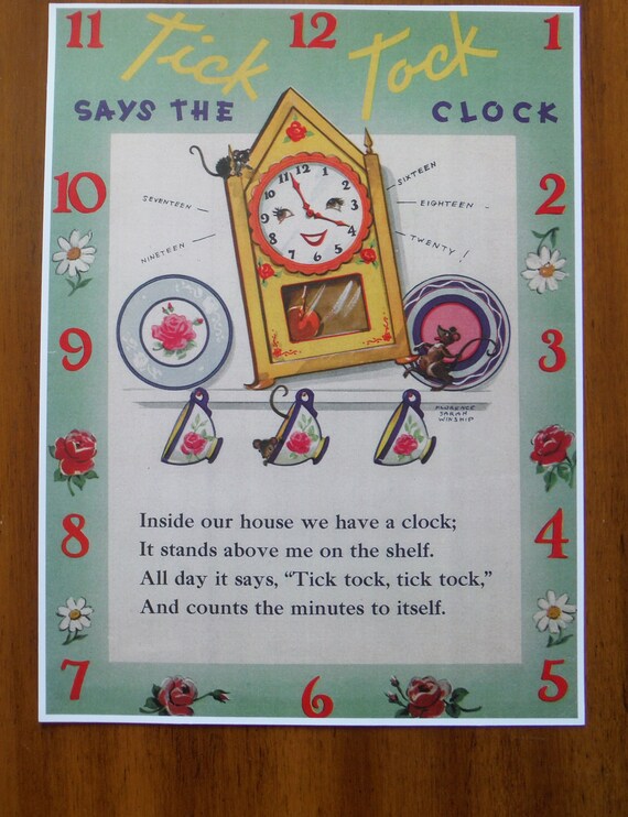 Vintage 1940's Tick Tock Clock Print Vintage