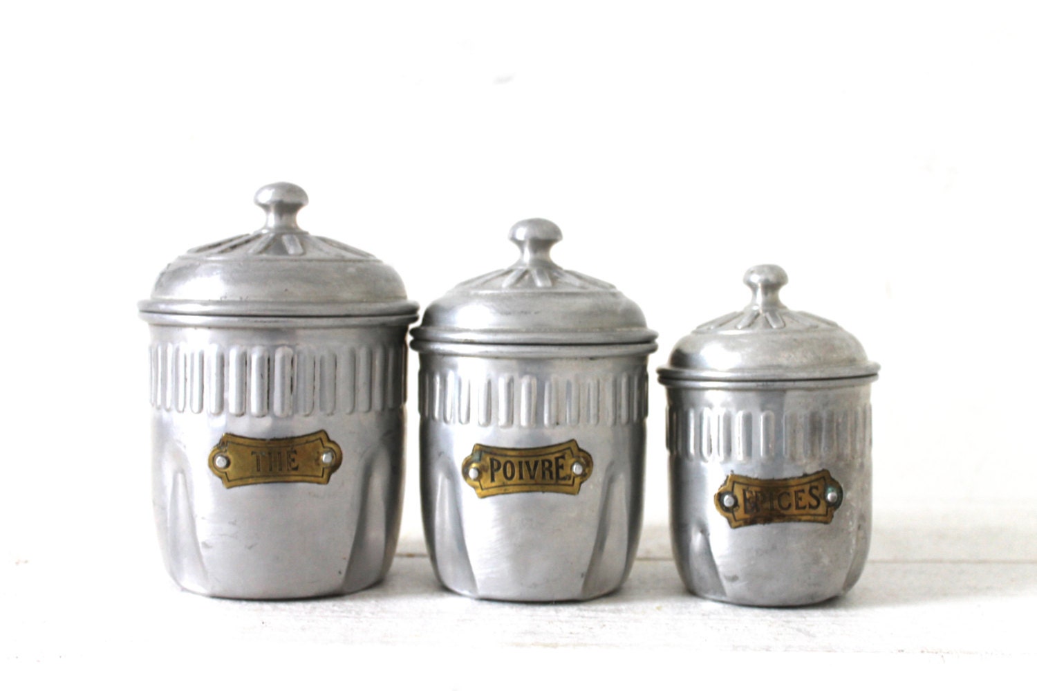 Lovely French vintage Art Deco kitchen canister set of 3. Aluminium