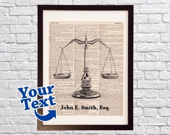 Scales of Justice Dictionary Art Print - Lawyer Art - Gift For Attorney - Print on Vintage Dictionary Paper - Law School Graduation Gift