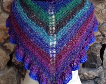 Spring Shawl in jewel colors hand knitted in silk and wool yarn with ribbon ruffle trim 24 inches high by 56 inches wide