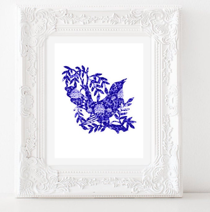 Art Print Chinoiserie Bird Floral Blue Wall Decor