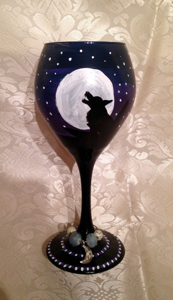 wolf howling at the moon wine glass with moon and stars charm