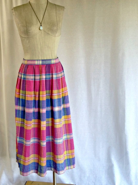 Long Pink Plaid Skirt Vintage 1980's Pleated Skirt