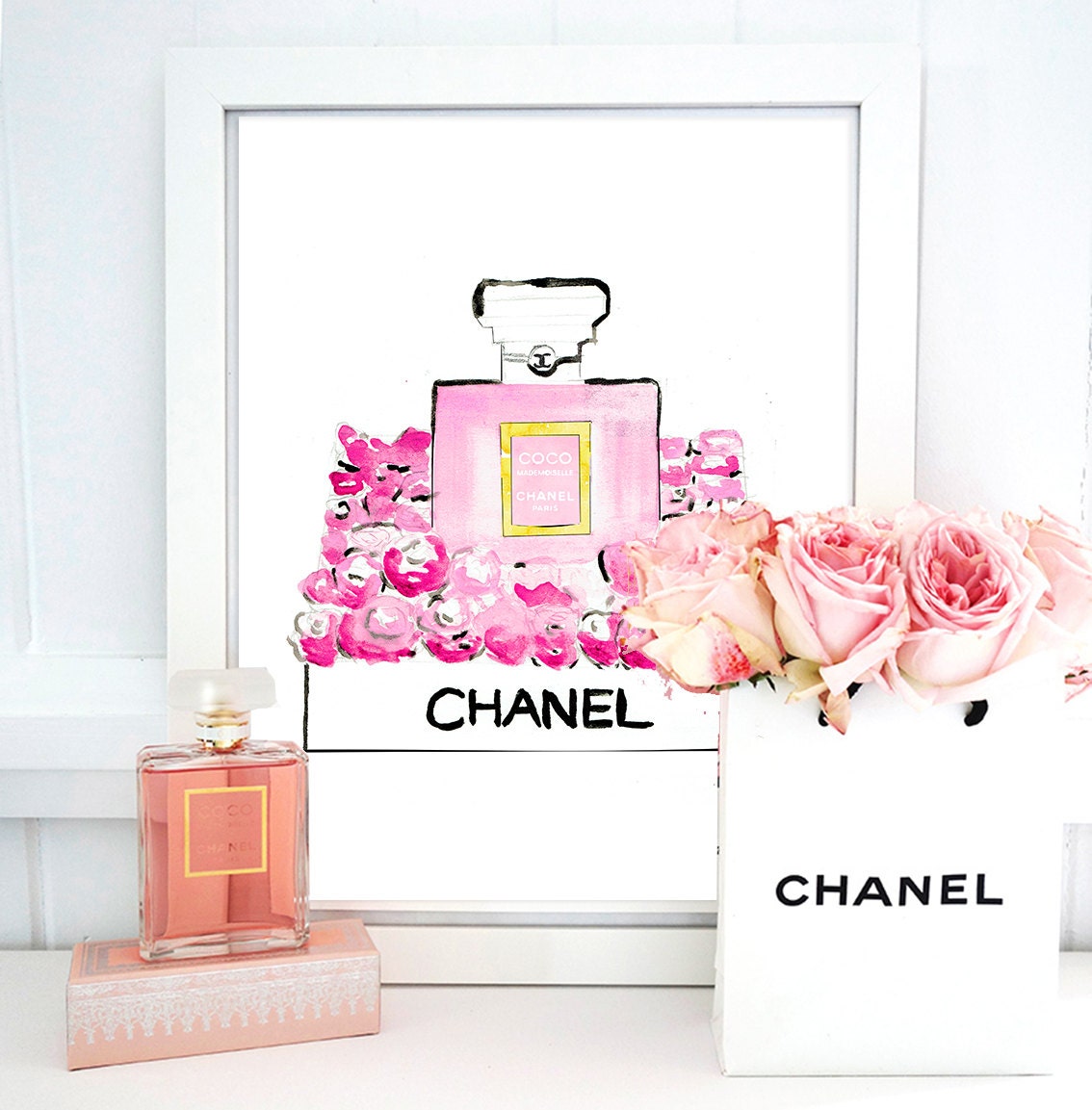 Coco Chanel Mademoiselle Perfume and Roses. by CouturePrintery