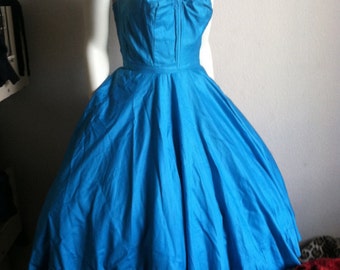 Vintage 50s Strapless Turquoise Cotton Shelf Bust Full Circle Skirt Dress Pin Up 1950s 1940s 1960s