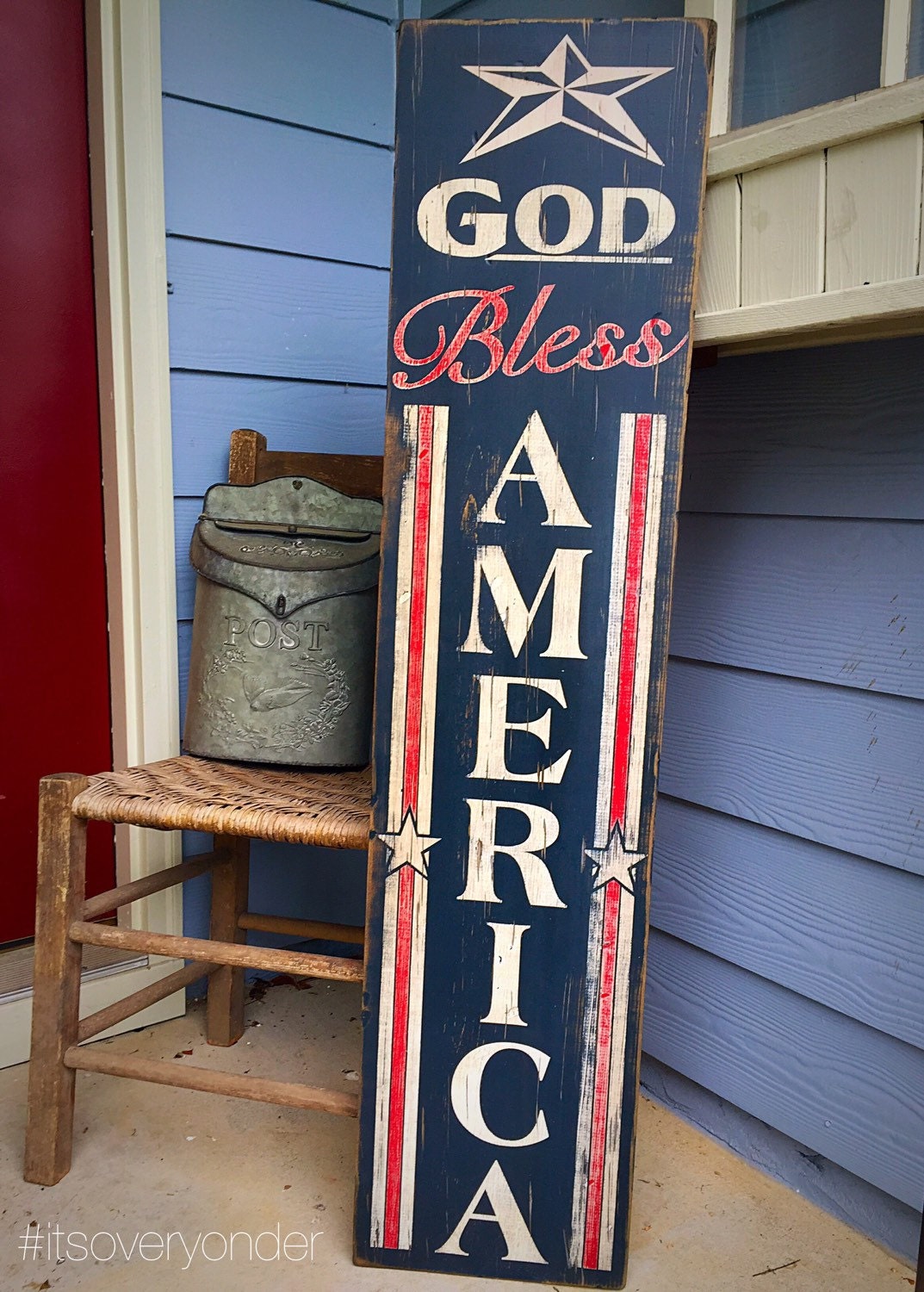 Wooden Sign God Bless America Vertical American Flag